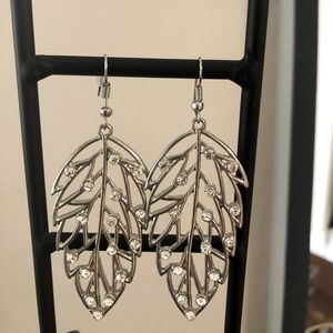 Leaf silver and rhinestone earrings
